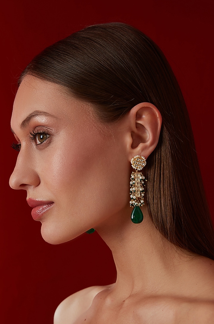 Gold Finish Kundan & Shell Pearl Dangler Earrings by Paisley Pop at Pernia's Pop Up Shop