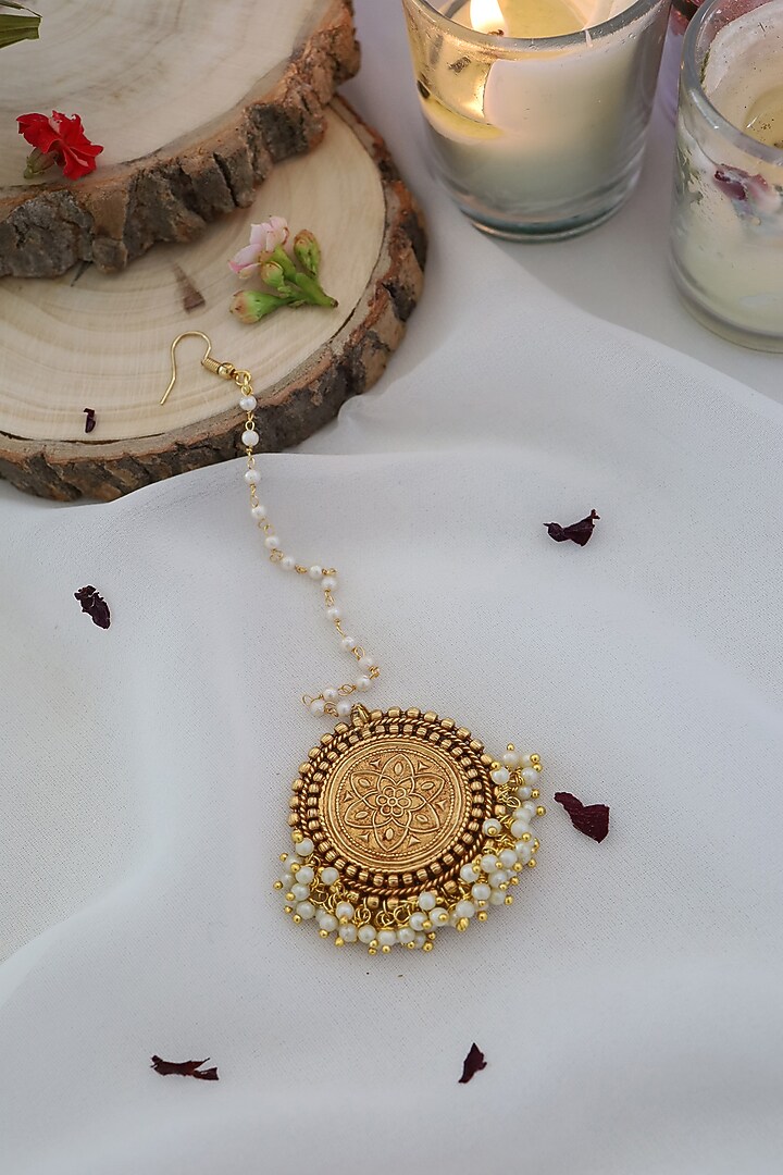 Gold Plated Shell Pearl Maang Tikka by Paisley Pop at Pernia's Pop Up Shop
