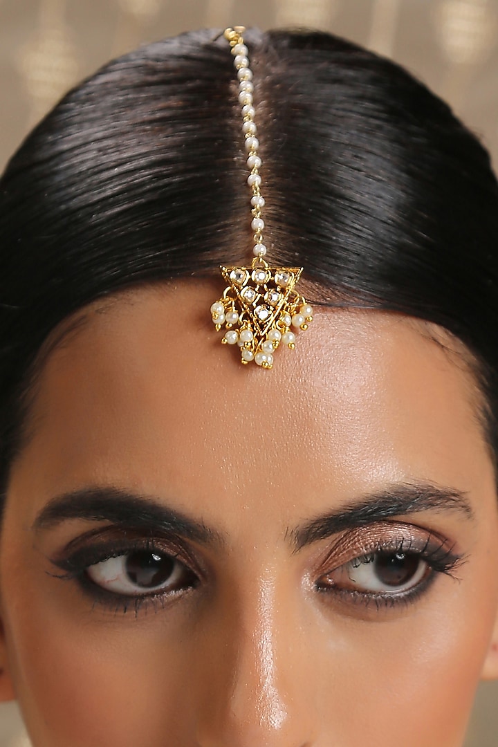 Gold Plated Kundan Polki Maang Tikka by Paisley Pop at Pernia's Pop Up Shop