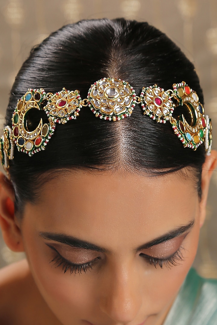 Gold Plated Uncut Kundan Polki Head Band by Paisley Pop at Pernia's Pop Up Shop