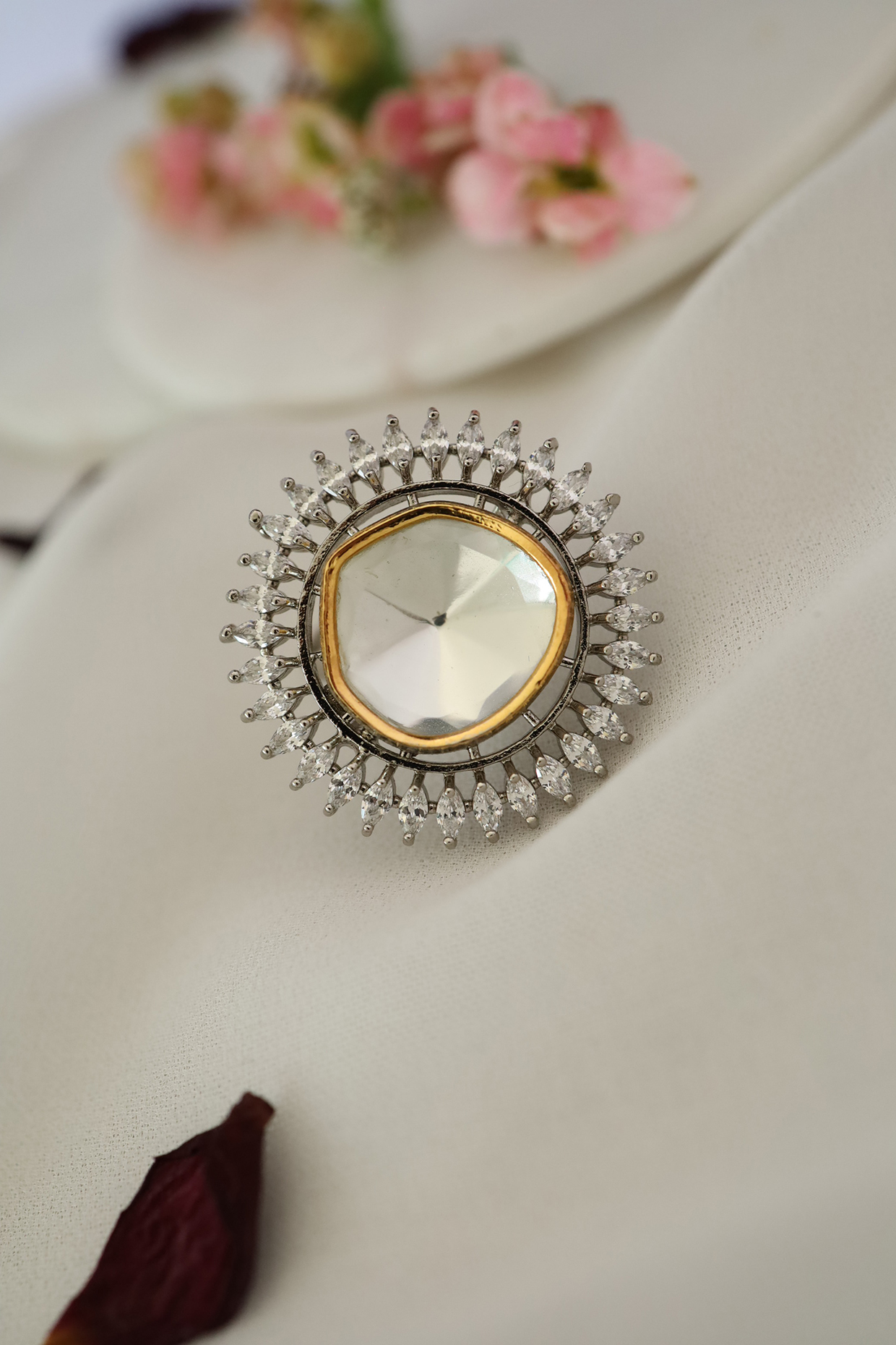 Gold Rhodium Plated Uncut Polki Victorian Ring by Paisley Pop