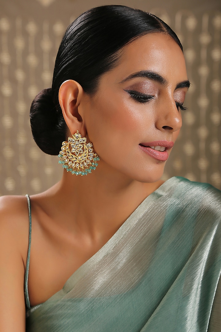 Gold Finish Kundan Polki Earrings by Paisley Pop at Pernia's Pop Up Shop