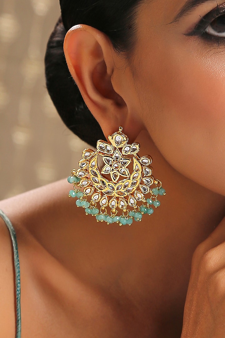 Gold Finish Kundan Polki Earrings by Paisley Pop at Pernia's Pop Up Shop