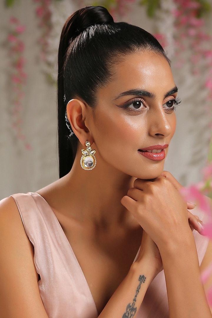 Gold Finish Kundan Polki & Pearl Earrings by Paisley Pop at Pernia's Pop Up Shop