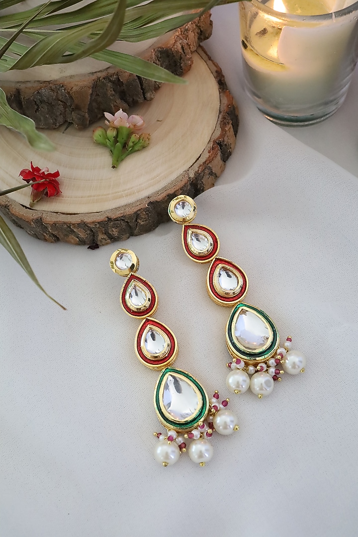 Gold Finish Kundan Polki Meenakari Earrings by Paisley Pop at Pernia's Pop Up Shop