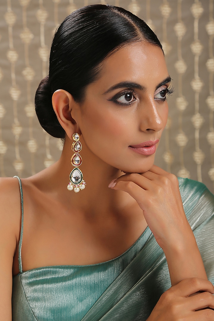 Gold Finish Kundan Polki Meenakari Earrings by Paisley Pop at Pernia's Pop Up Shop