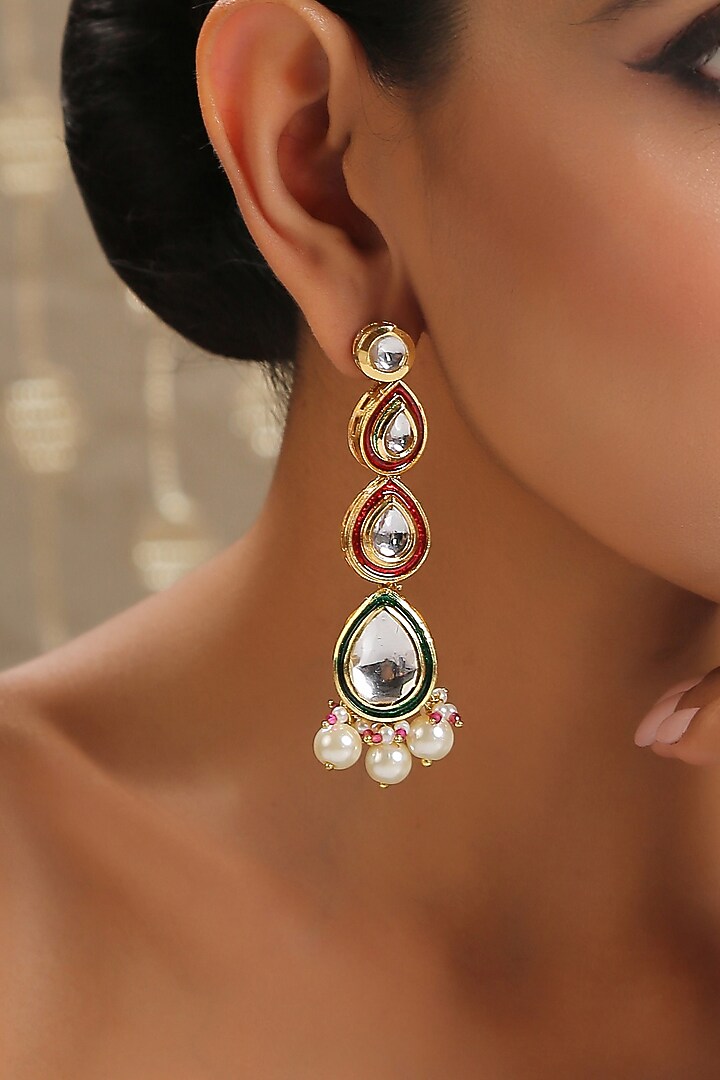 Gold Finish Kundan Polki Meenakari Earrings by Paisley Pop at Pernia's Pop Up Shop