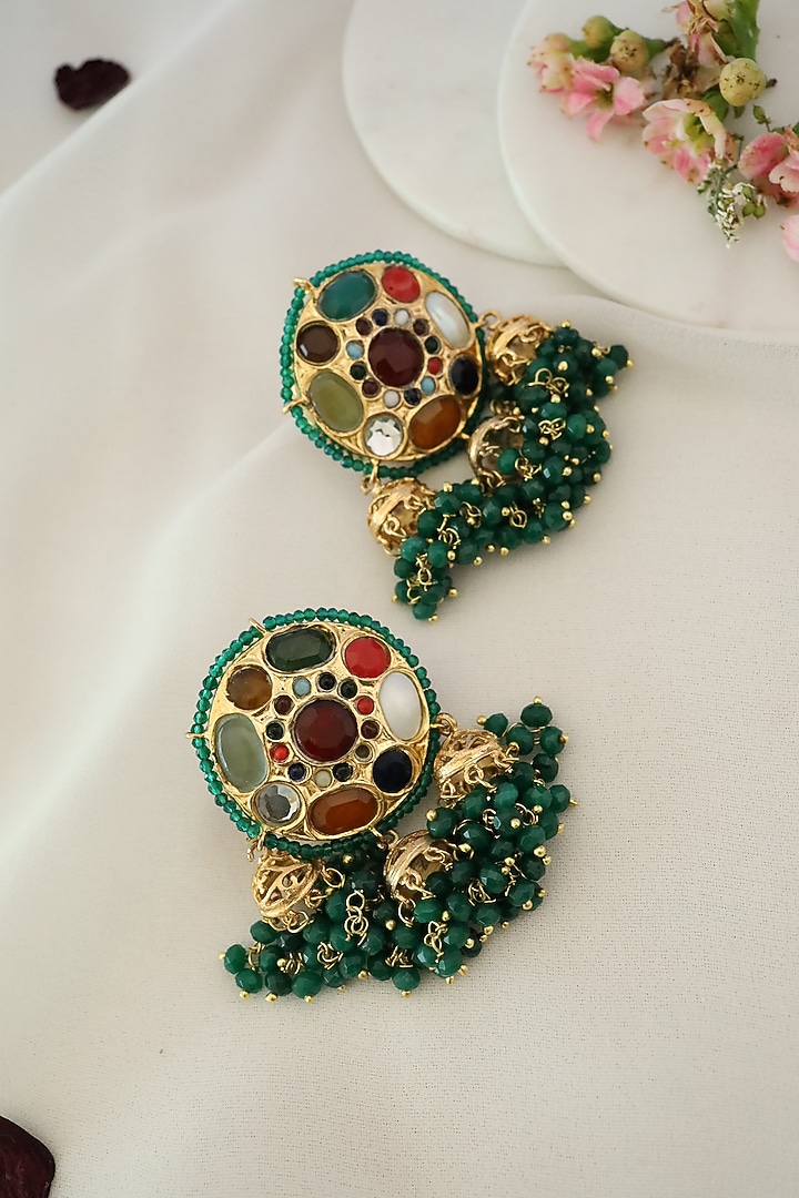Gold Finish Navratan Earrings by Paisley Pop at Pernia's Pop Up Shop