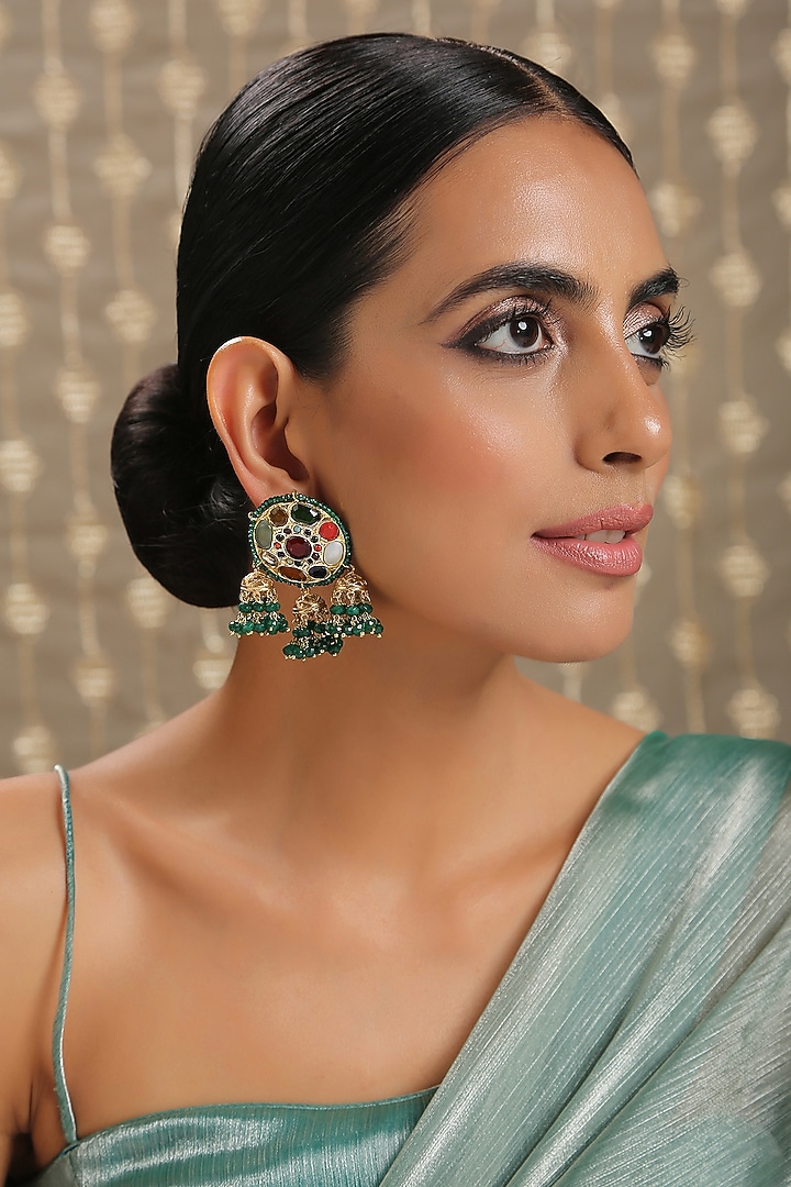 Gold Finish Navratan Earrings by Paisley Pop at Pernia's Pop Up Shop
