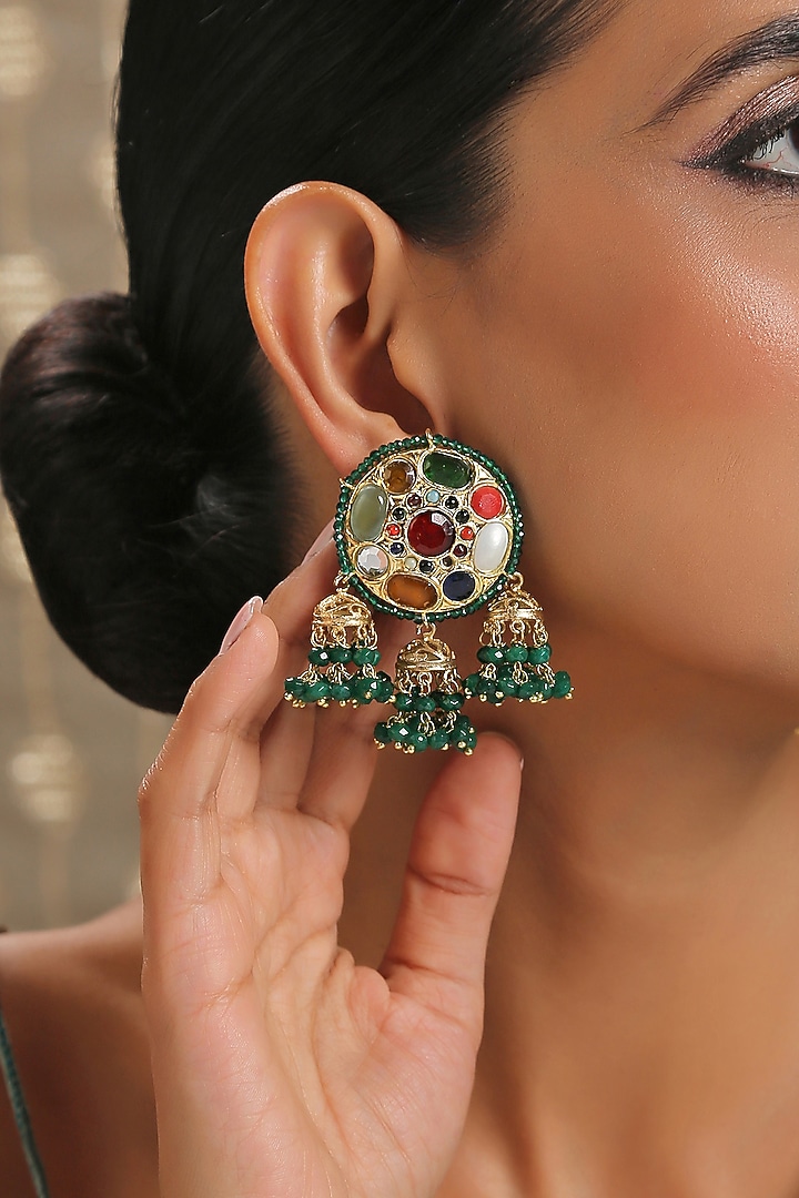 Gold Finish Navratan Earrings by Paisley Pop at Pernia's Pop Up Shop