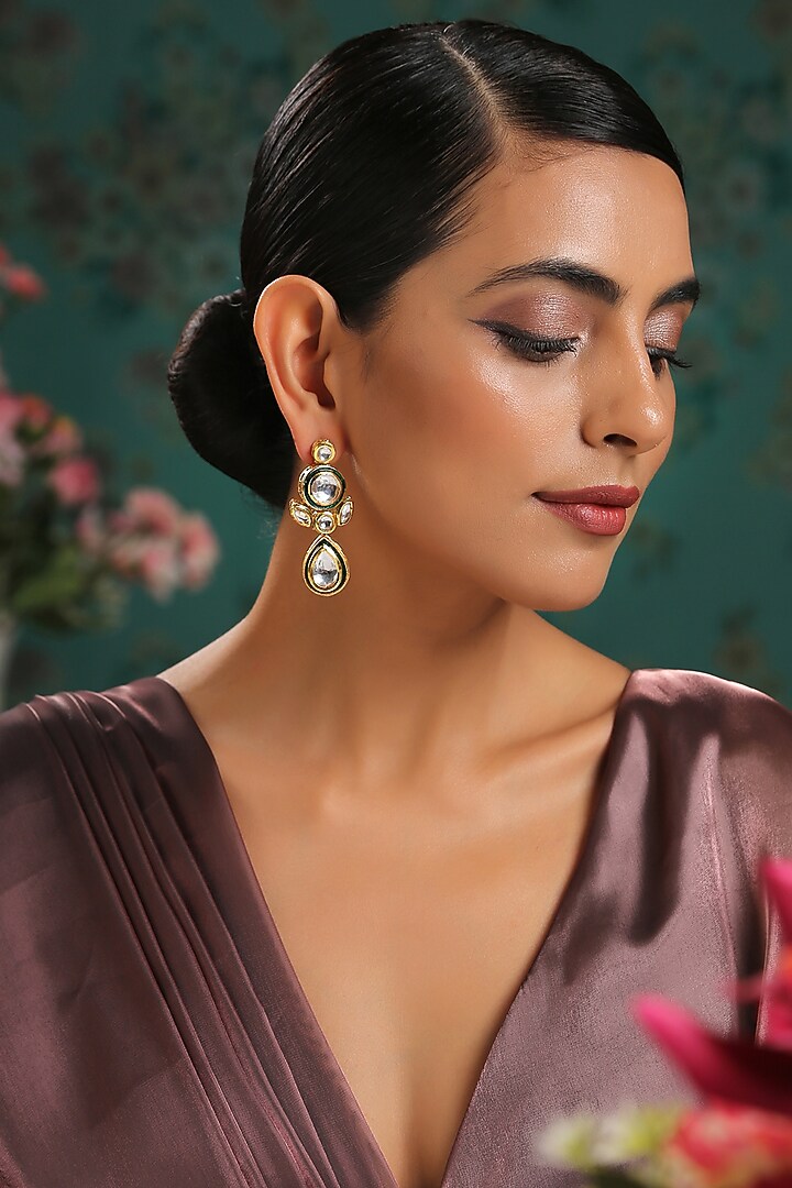 Gold Finish Meenakari Earrings by Paisley Pop at Pernia's Pop Up Shop