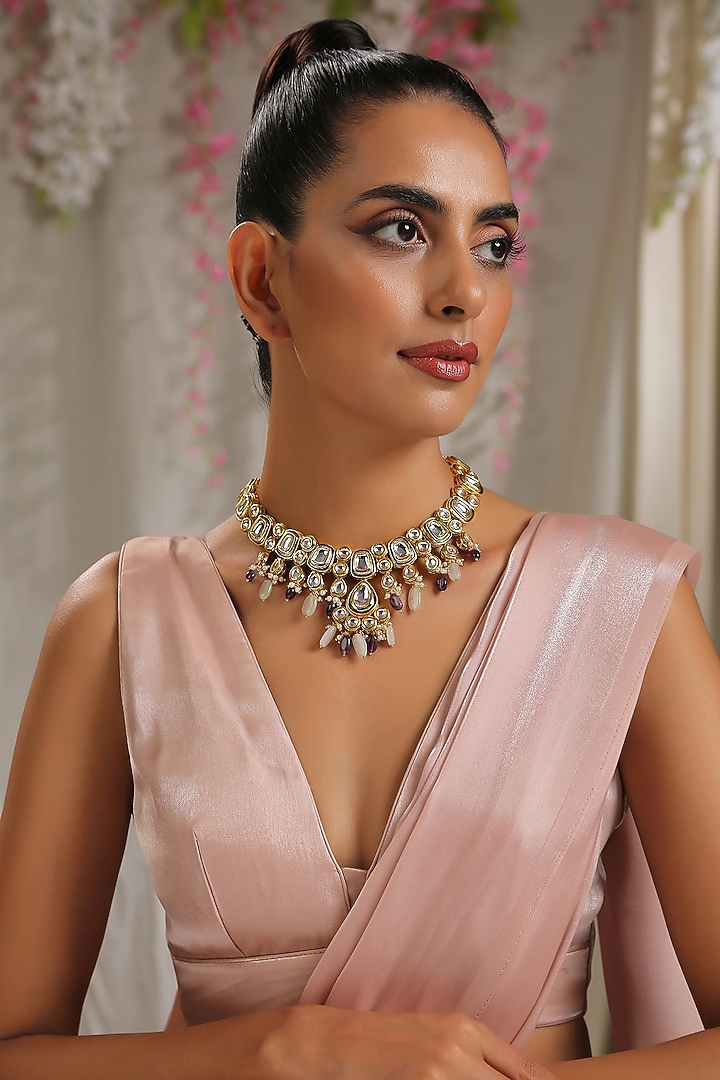 Gold Finish Purple Amethyst Necklace Set by Paisley Pop at Pernia's Pop Up Shop