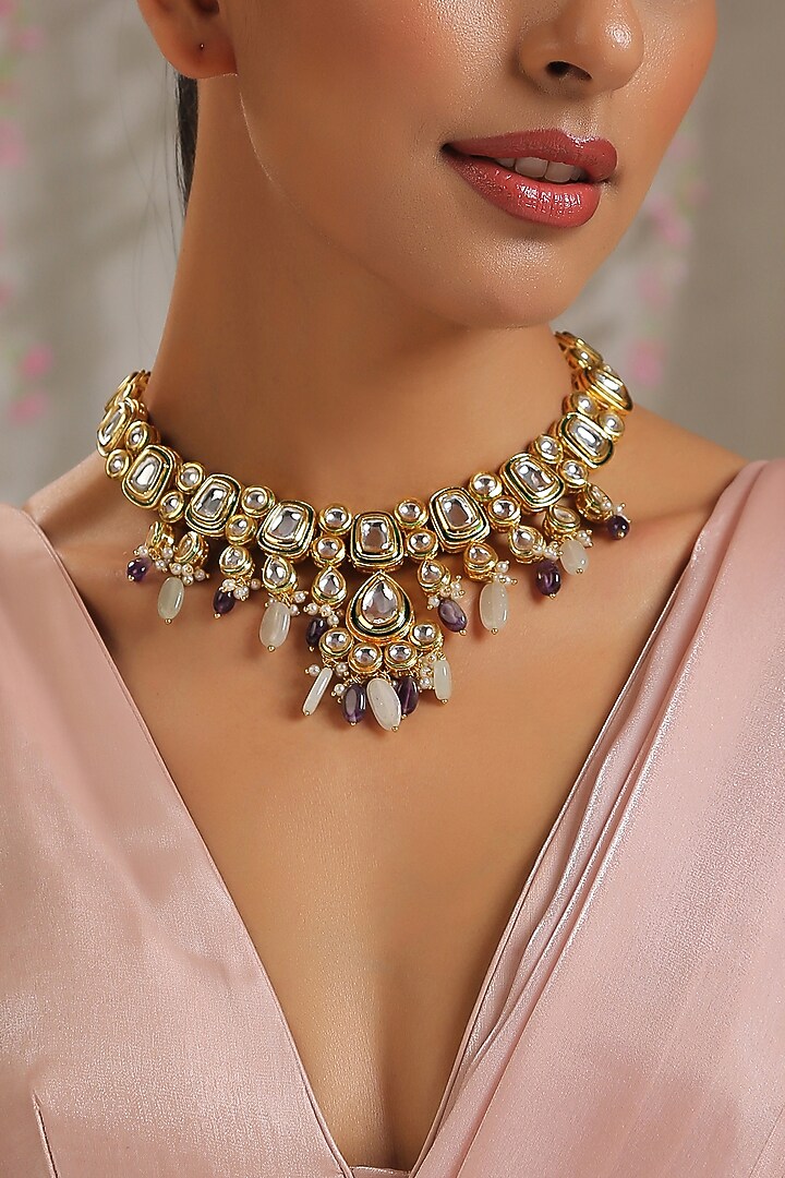 Gold Finish Purple Amethyst Necklace Set by Paisley Pop at Pernia's Pop Up Shop