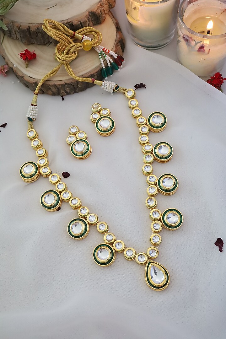 Gold Finish Kundan Polki Necklace Set by Paisley Pop at Pernia's Pop Up Shop