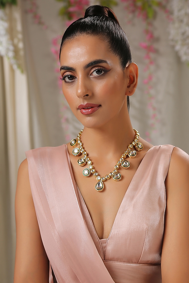 Gold Finish Kundan Polki Necklace Set by Paisley Pop at Pernia's Pop Up Shop