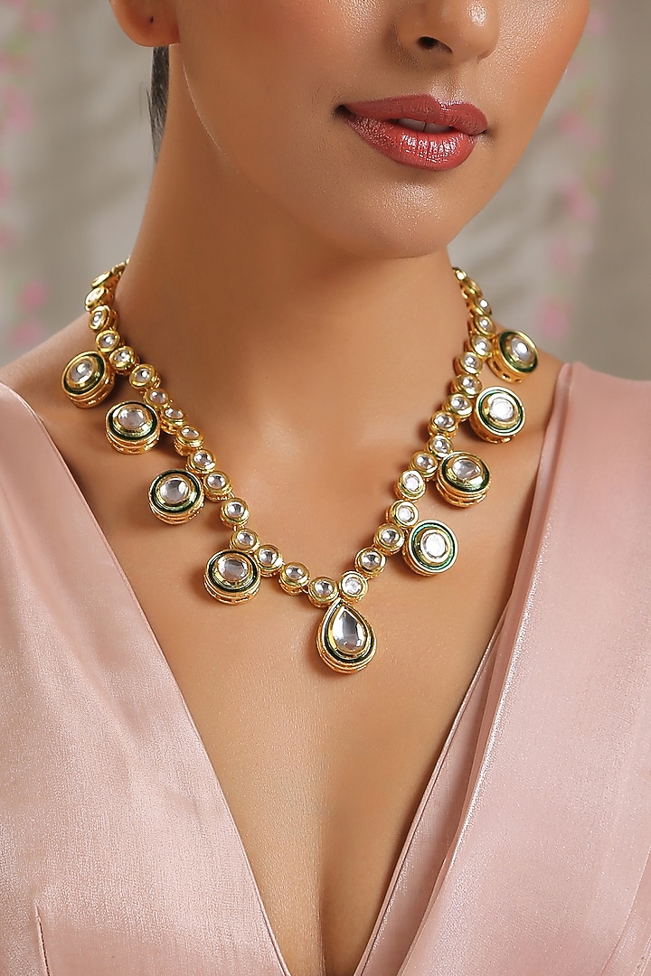 Gold Finish Kundan Polki Necklace Set by Paisley Pop at Pernia's Pop Up Shop