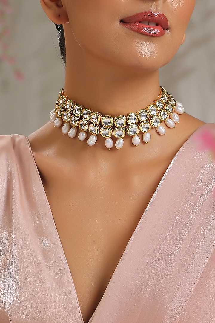 Gold Finish Pearl Necklace Set by Paisley Pop at Pernia's Pop Up Shop