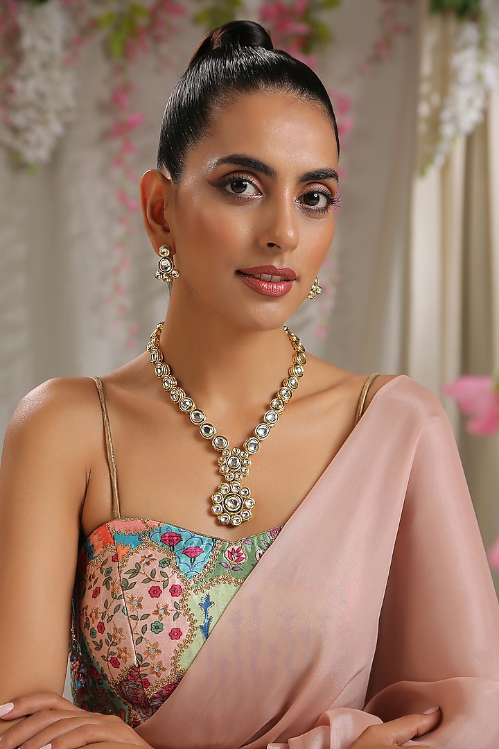 Gold Finish Kundan Polki Floral Necklace Set by Paisley Pop at Pernia's Pop Up Shop