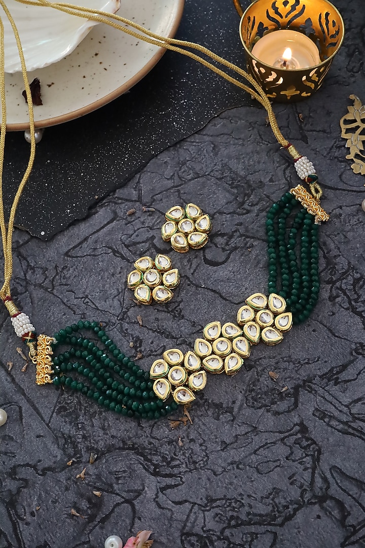 Gold Finish Green Beaded Necklace Set by Paisley Pop at Pernia's Pop Up Shop