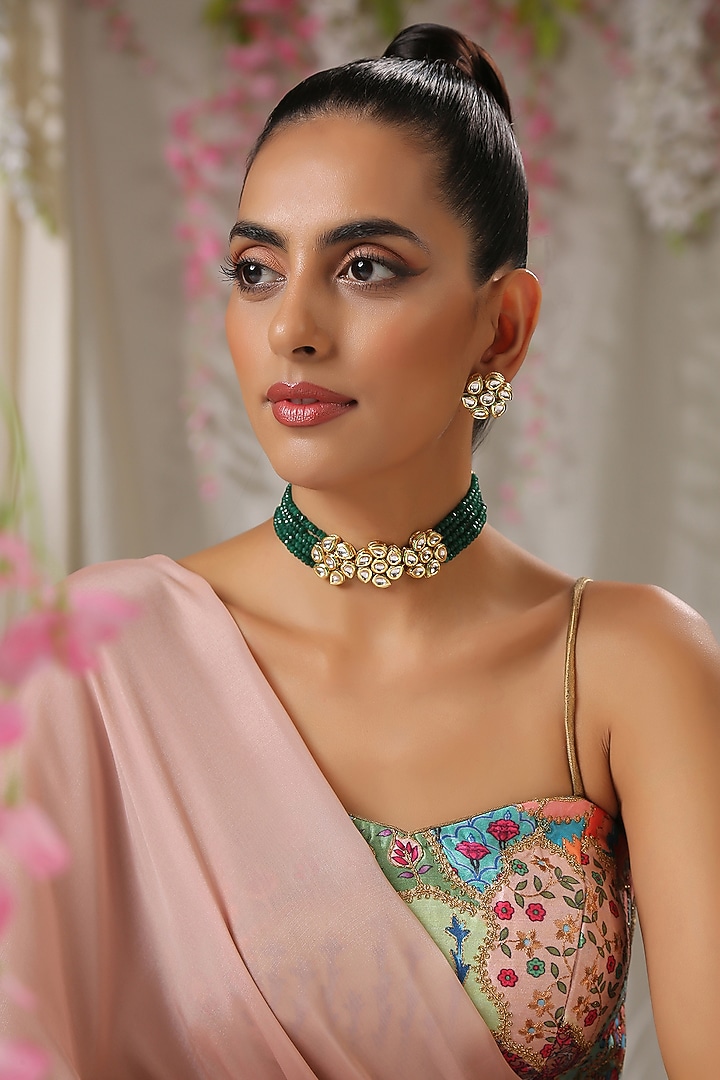 Gold Finish Green Beaded Necklace Set by Paisley Pop at Pernia's Pop Up Shop