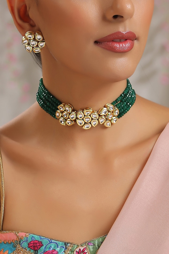 Gold Finish Green Beaded Necklace Set by Paisley Pop at Pernia's Pop Up Shop