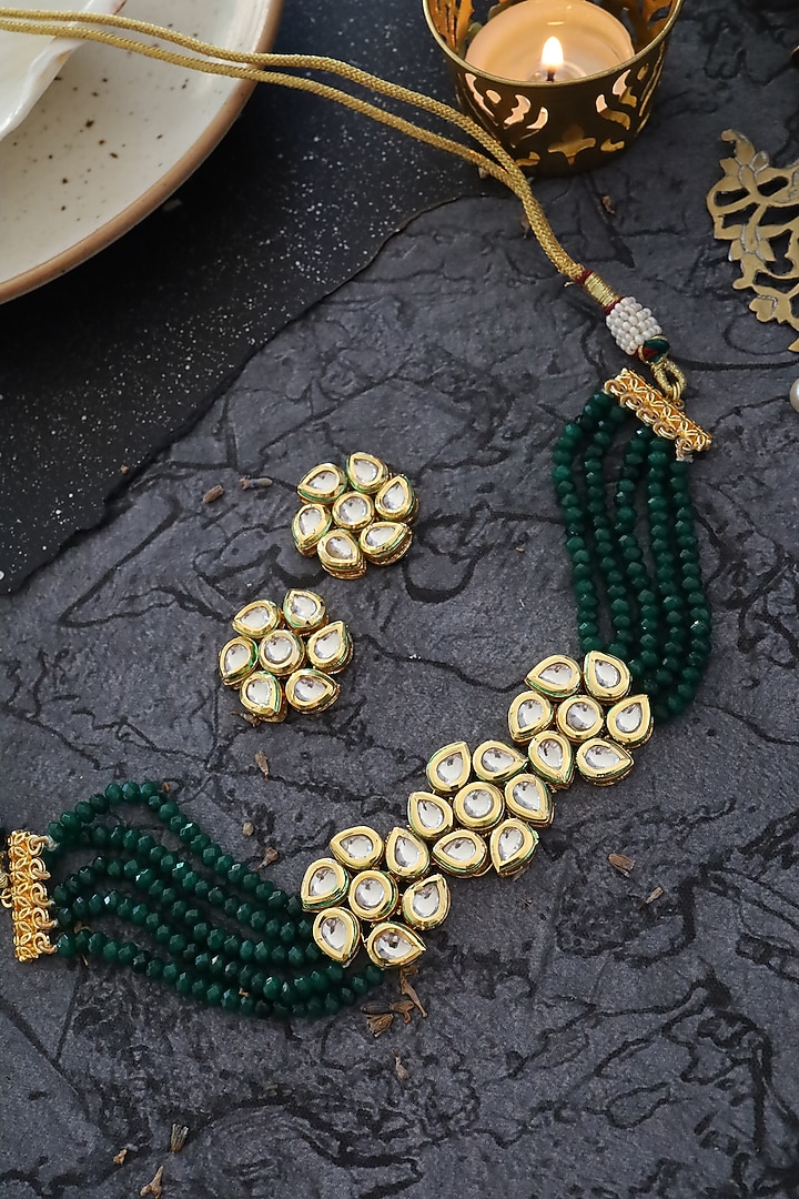 Gold Finish Green Beaded Necklace Set by Paisley Pop at Pernia's Pop Up Shop