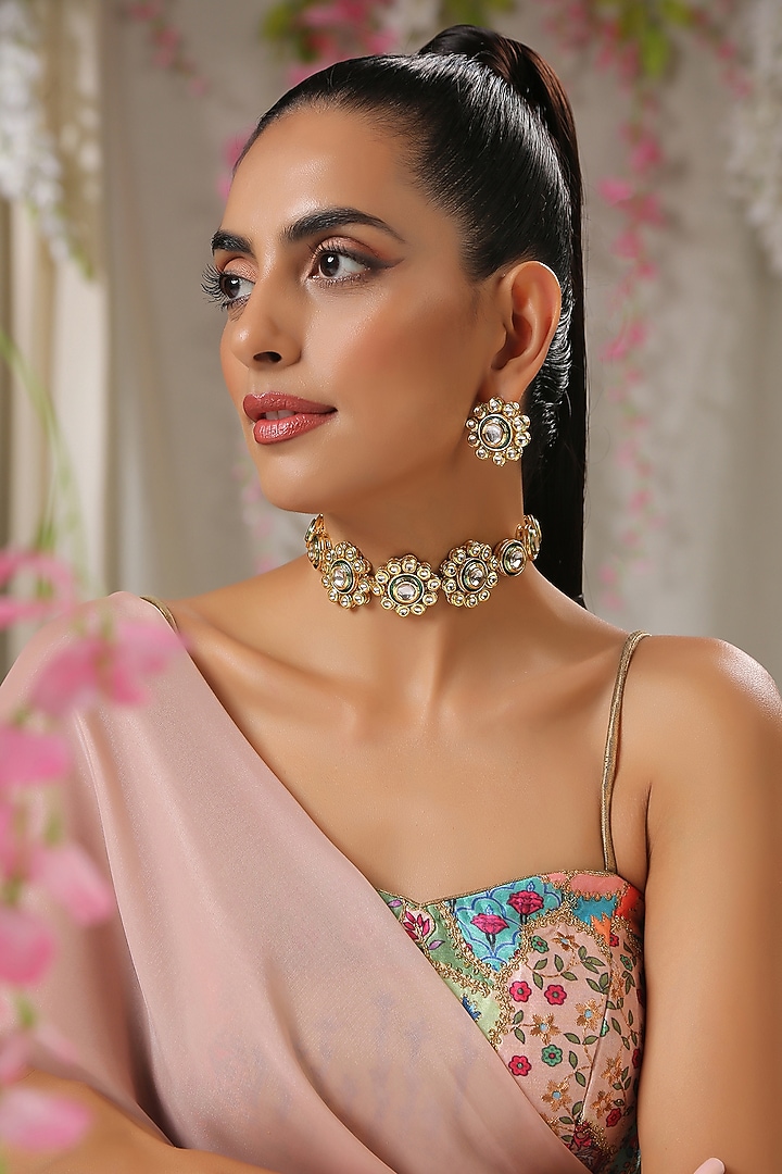 Gold Finish Kundan Polki Necklace Set by Paisley Pop at Pernia's Pop Up Shop