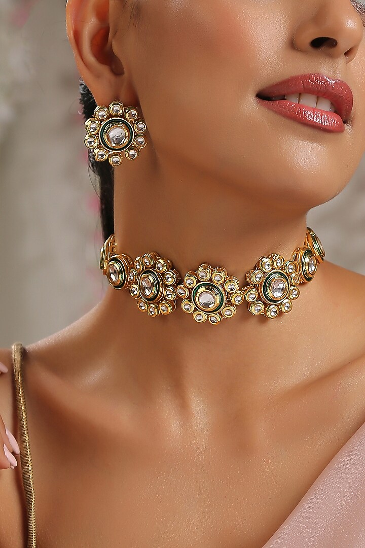 Gold Finish Kundan Polki Necklace Set by Paisley Pop at Pernia's Pop Up Shop