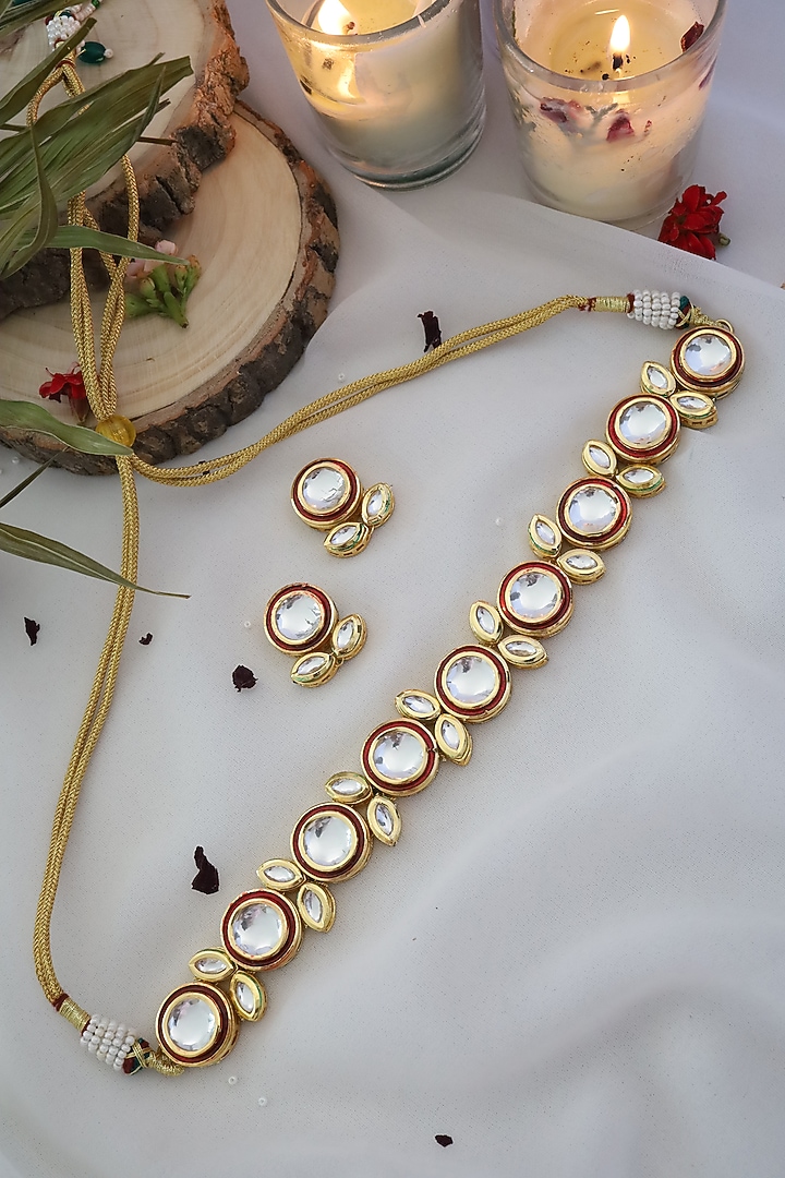 Gold Finish Kundan Polki Necklace Set by Paisley Pop at Pernia's Pop Up Shop