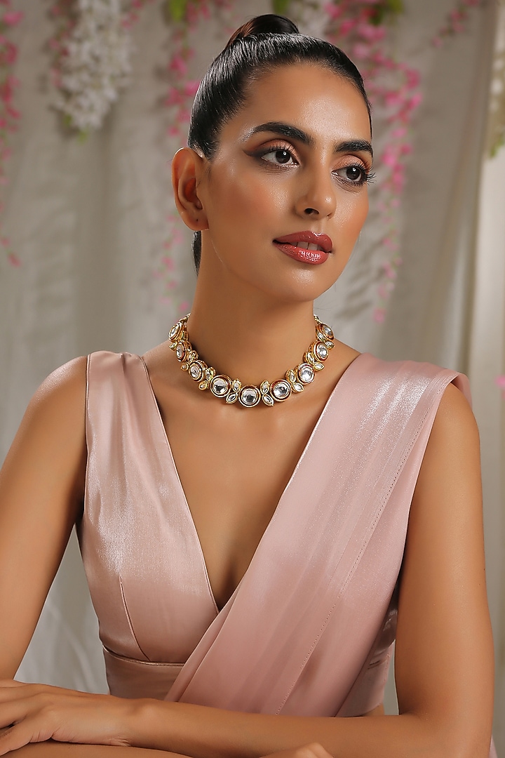 Gold Finish Kundan Polki Necklace Set by Paisley Pop at Pernia's Pop Up Shop