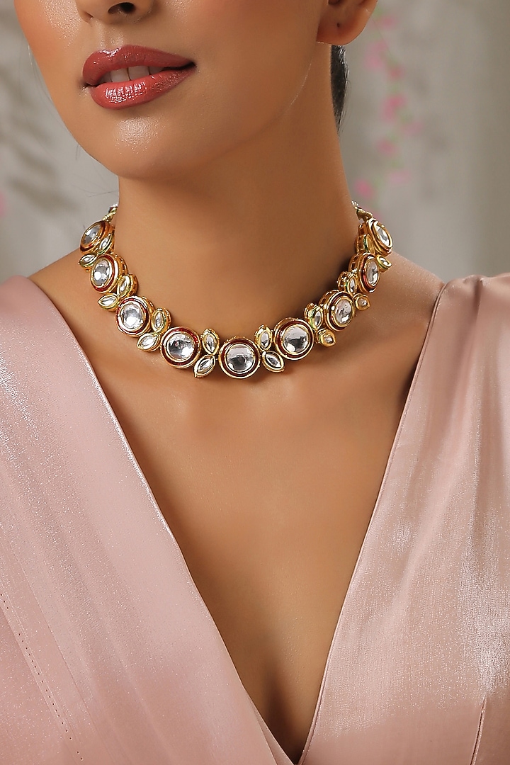 Gold Finish Kundan Polki Necklace Set by Paisley Pop at Pernia's Pop Up Shop