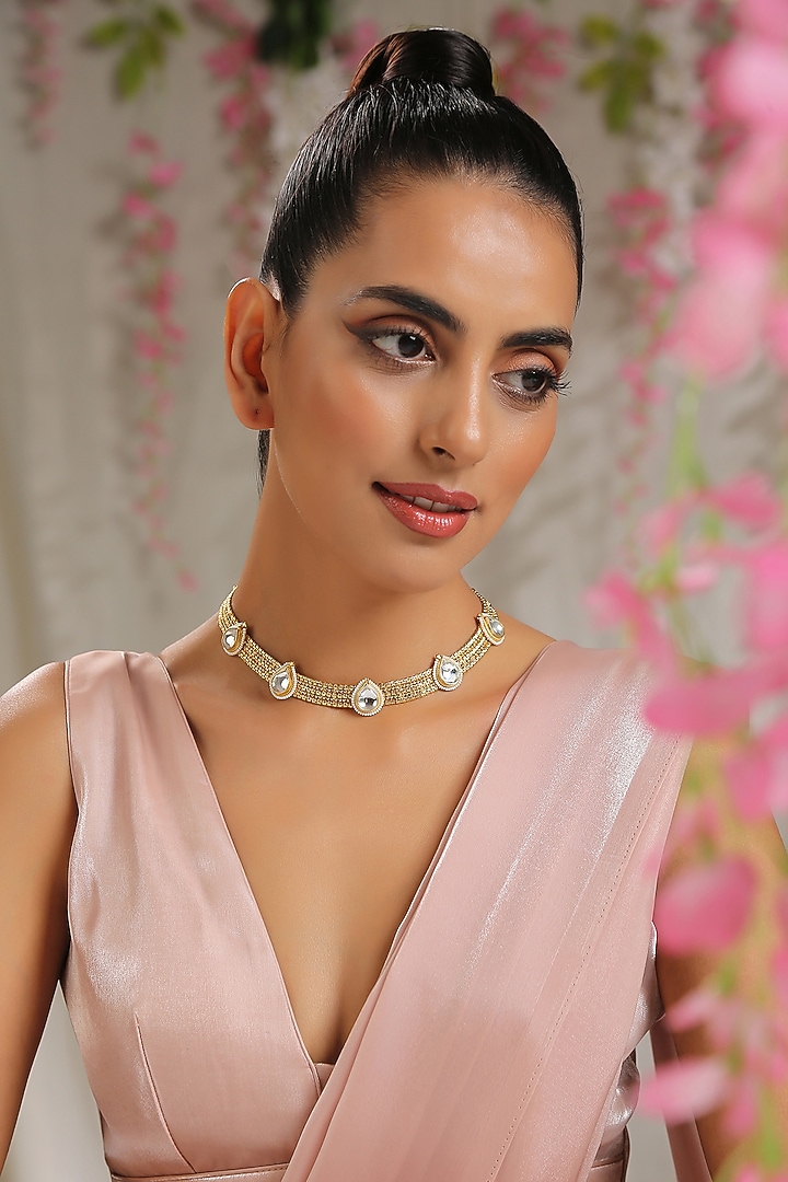 Gold Finish Kundan Polki Choker Necklace by Paisley Pop at Pernia's Pop Up Shop