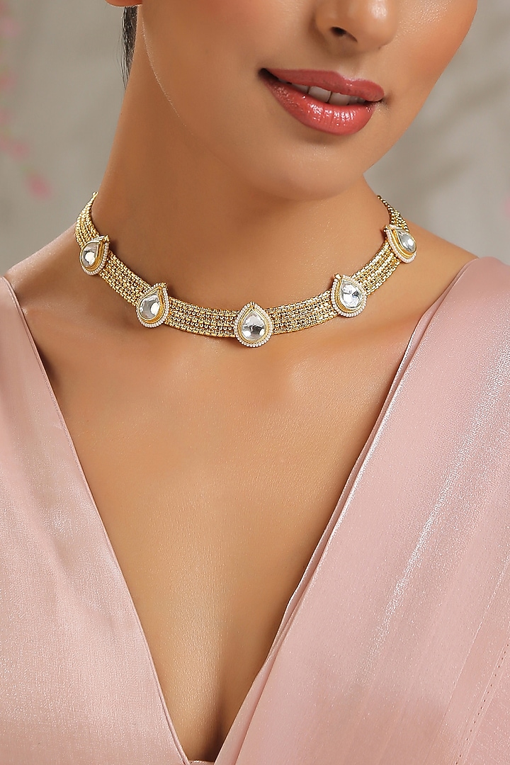 Gold Finish Kundan Polki Choker Necklace by Paisley Pop at Pernia's Pop Up Shop