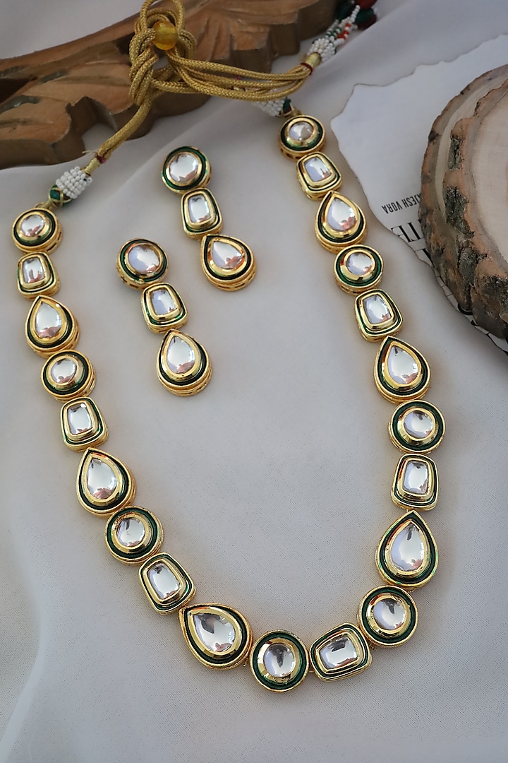 Gold Finish Kundan Polki Necklace Set Design by Paisley Pop at