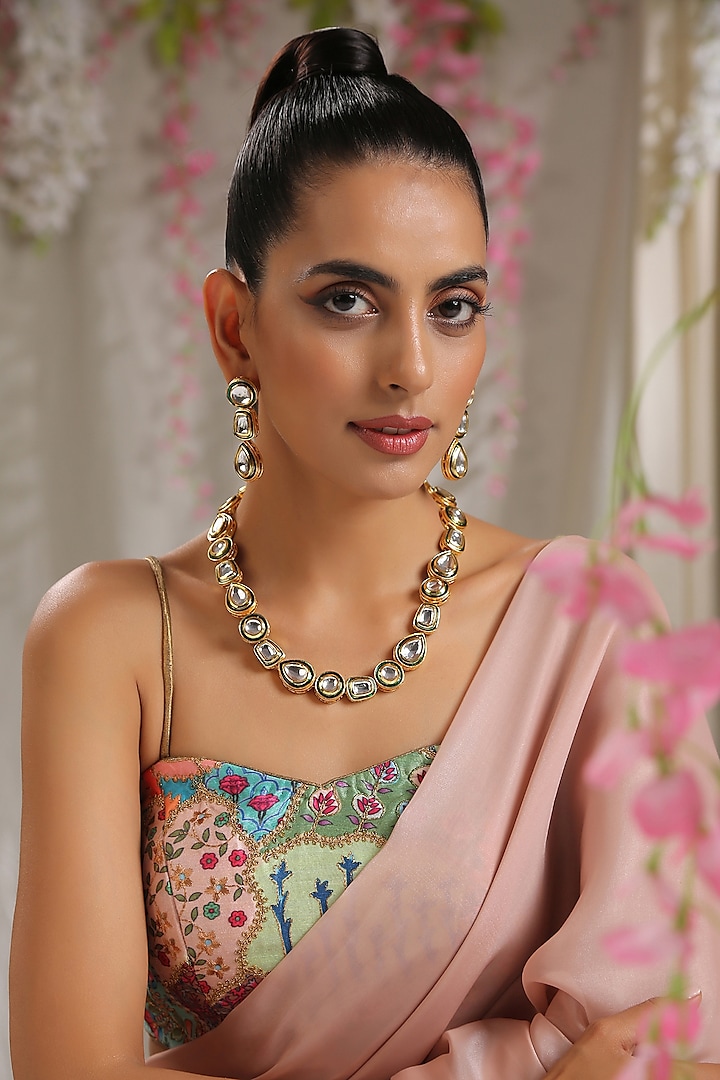 Gold Finish Kundan Polki Necklace Set by Paisley Pop at Pernia's Pop Up Shop