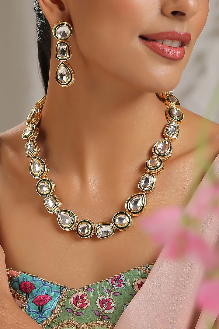 Gold Finish Kundan Polki Necklace Set by Paisley Pop at Pernia's Pop Up Shop