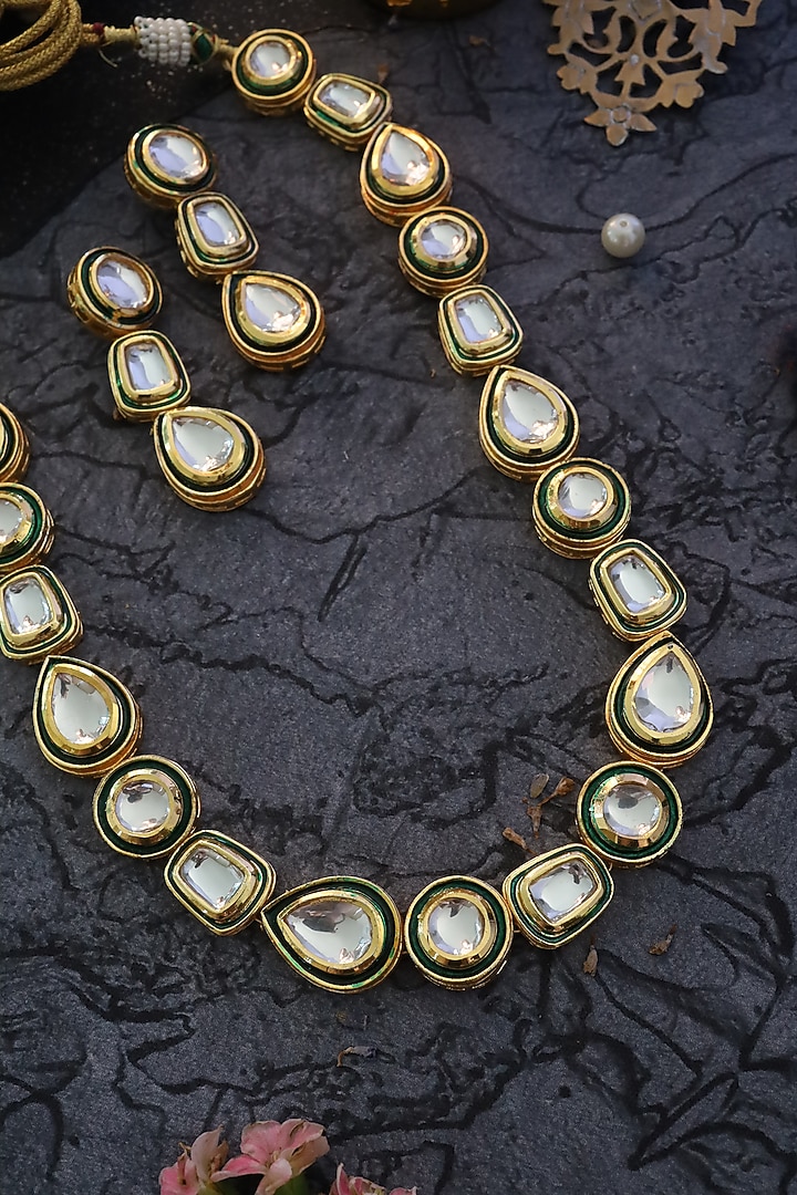 Gold Finish Kundan Polki Necklace Set by Paisley Pop at Pernia's Pop Up Shop