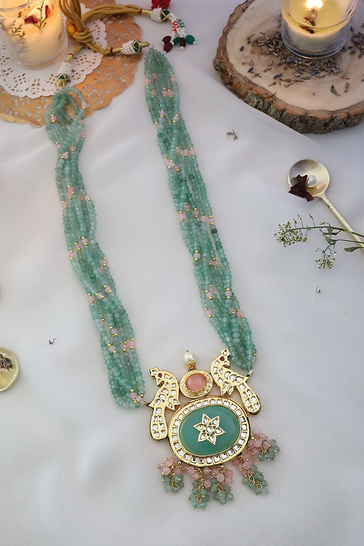 Gold Finish Necklace With Mint Green Kundan by Paisley Pop at Pernia's Pop Up Shop