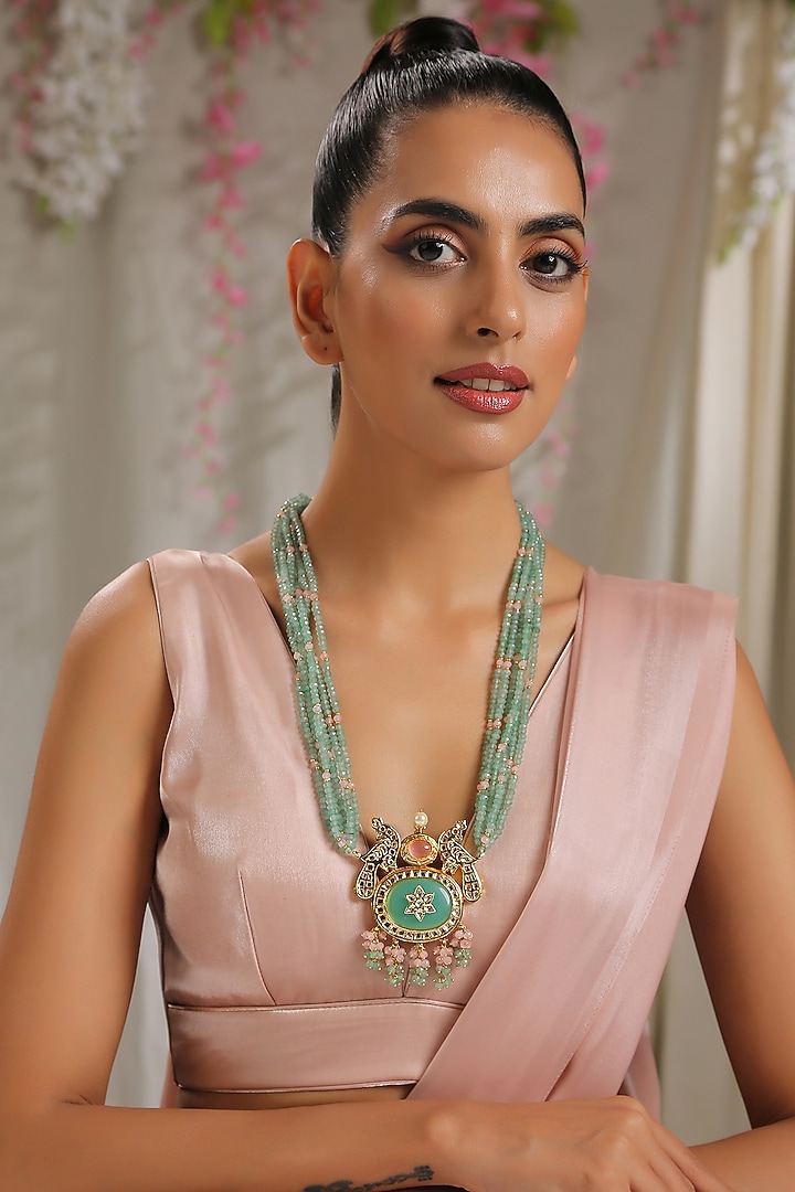 Gold Finish Necklace With Mint Green Kundan by Paisley Pop at Pernia's Pop Up Shop