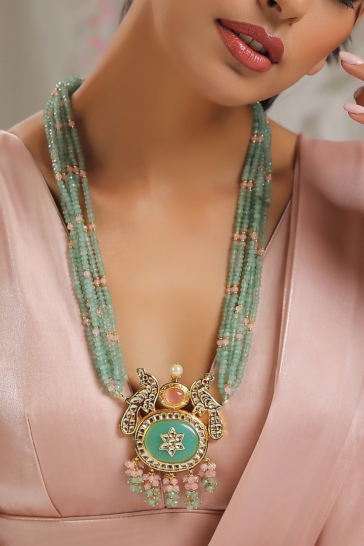 Gold Finish Necklace With Mint Green Kundan by Paisley Pop at Pernia's Pop Up Shop