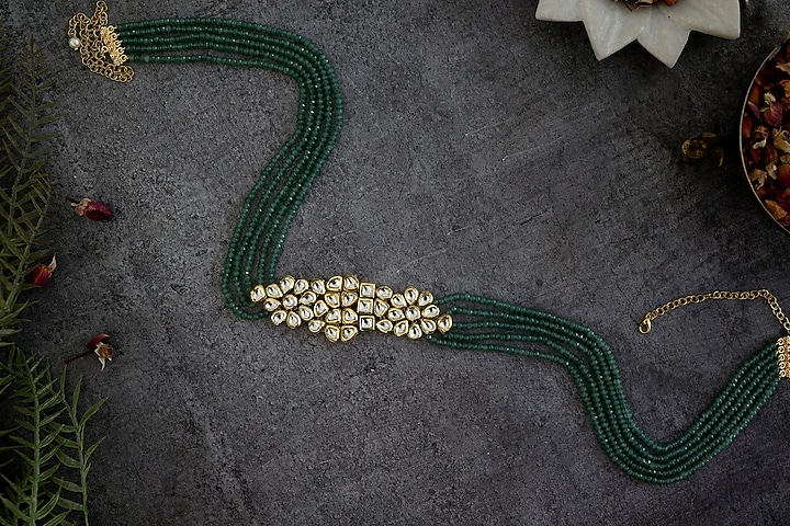 Gold Plated Kundan Polki & Green Onyx Handcrafted Waist Belt by Paisley Pop at Pernia's Pop Up Shop