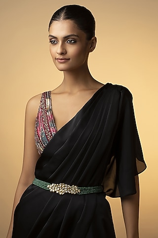 Gold Plated Kundan Polki & Green Onyx Handcrafted Waist Belt by Paisley Pop