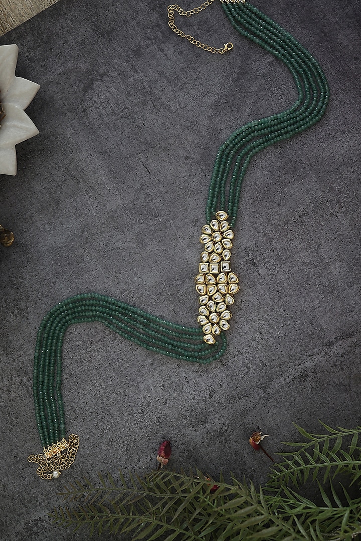 Gold Plated Kundan Polki & Green Onyx Handcrafted Waist Belt by Paisley Pop at Pernia's Pop Up Shop