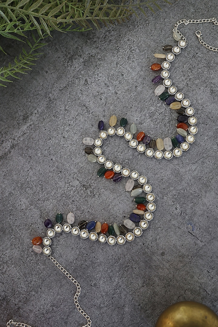 Rhodium Finish Kundan Polki & Semi-Precious Stones Handcrafted Waistbelt by Paisley Pop at Pernia's Pop Up Shop