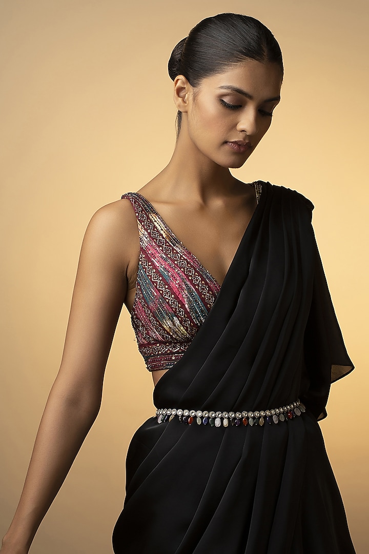 Rhodium Finish Kundan Polki & Semi-Precious Stones Handcrafted Waistbelt by Paisley Pop at Pernia's Pop Up Shop