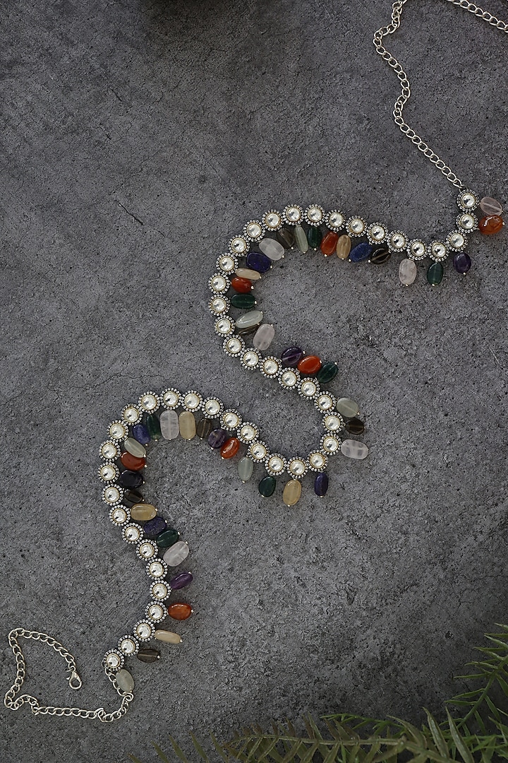 Rhodium Finish Kundan Polki & Semi-Precious Stones Handcrafted Waistbelt by Paisley Pop at Pernia's Pop Up Shop