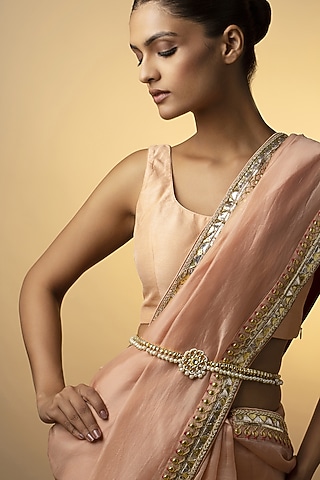 Gold Finish Kundan Polki & Shell Pearl Handcrafted Floral Waist Belt by Paisley Pop