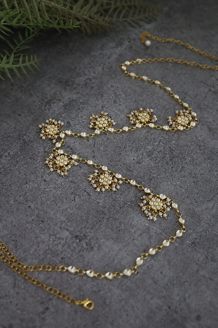 Gold Finish Kundan Polki & Shell Pearl Handcrafted Floral Waist Belt by Paisley Pop at Pernia's Pop Up Shop