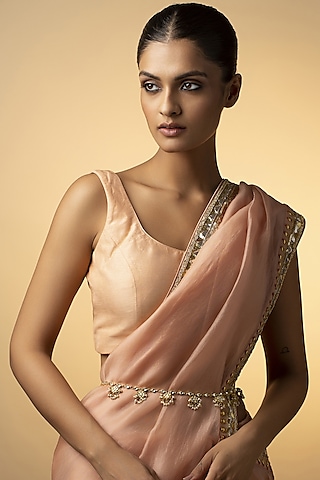 Gold Finish Kundan Polki & Shell Pearl Handcrafted Floral Waist Belt by Paisley Pop
