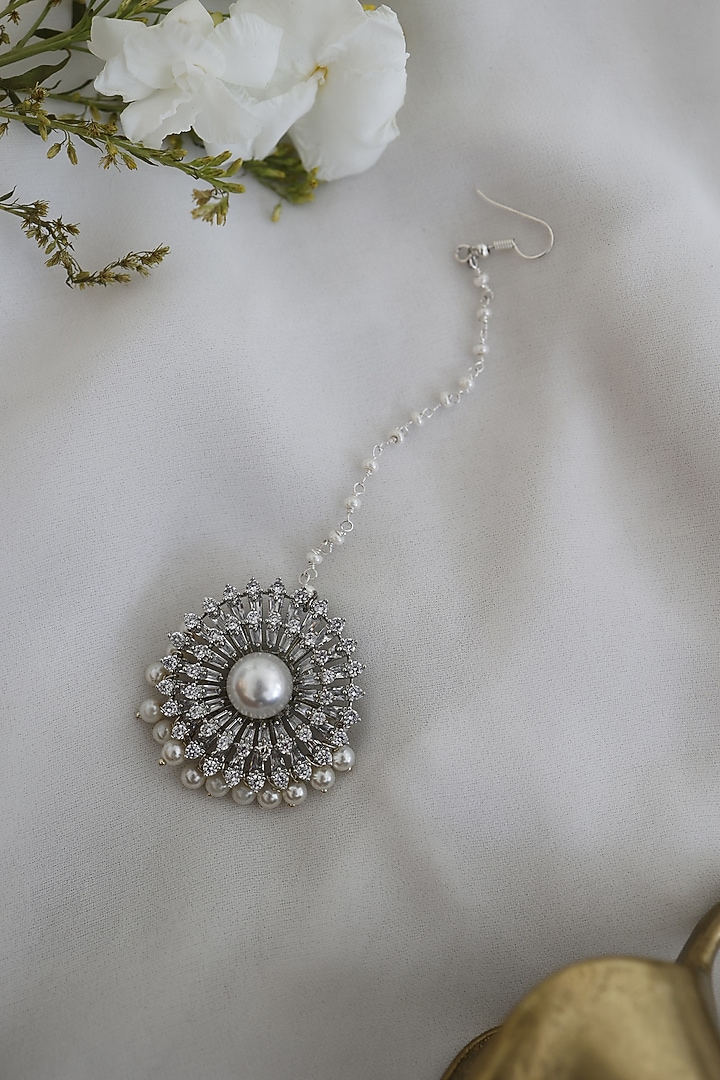 Rhodium Finish Cubic Zirconia Handcrafted Maang Tikka by Paisley Pop at Pernia's Pop Up Shop